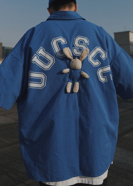 Casual Letter Oversized Men Shirts T Half Blue Cotton Patchwork FashionChic