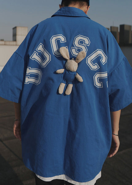 Casual Letter Oversized Men Shirts T Half Blue Cotton Patchwork FashionChic