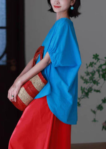 Neck O Side Shirts T Blue Casual High Low Design Open Cotton FashionChic