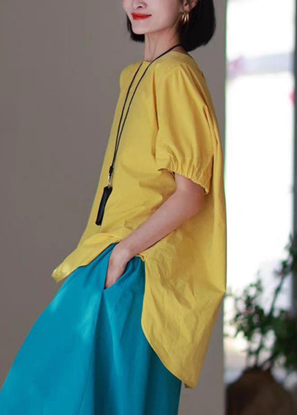 Neck O Side Shirts T Blue Casual High Low Design Open Cotton FashionChic