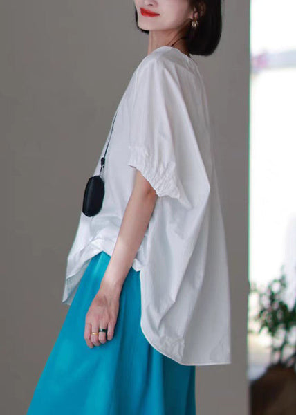 Neck O Side Shirts T Blue Casual High Low Design Open Cotton FashionChic