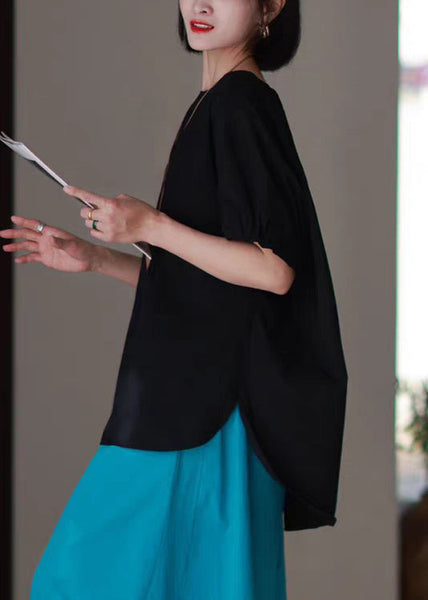 Neck O Side Shirts T Blue Casual High Low Design Open Cotton FashionChic