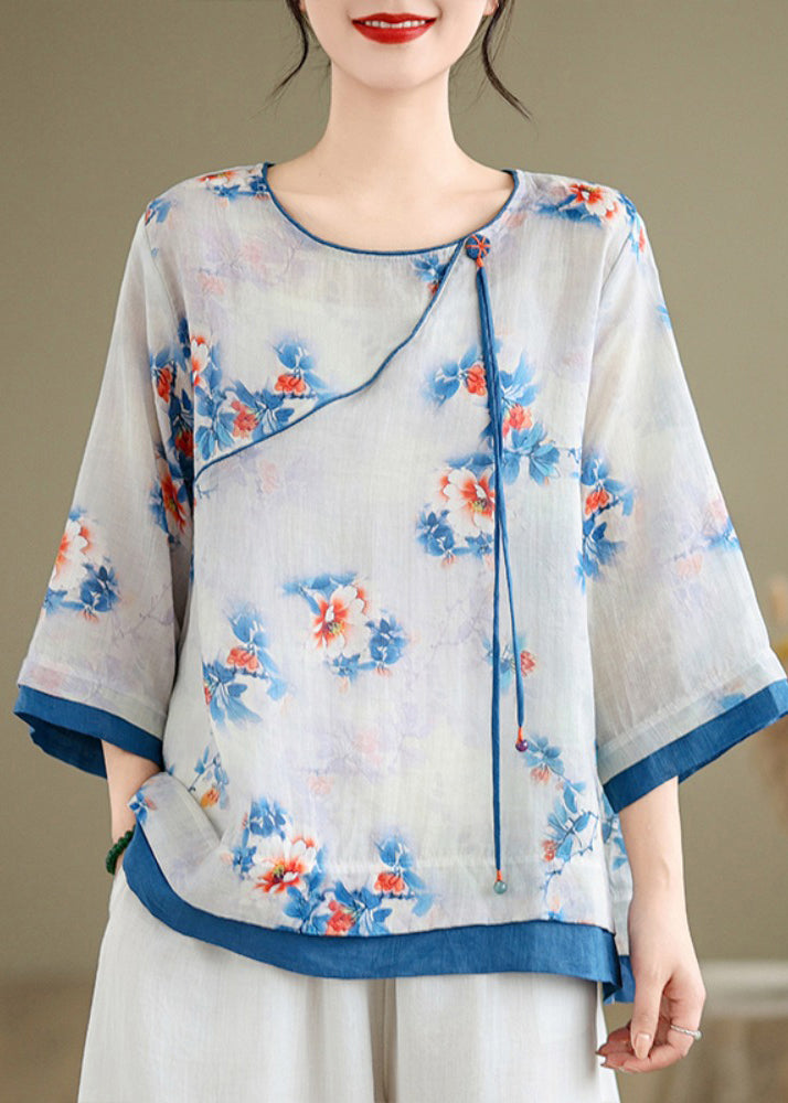 Casual Blue O-Neck Print Patchwork Shirt Long Sleeve UU043 OM-MM240820