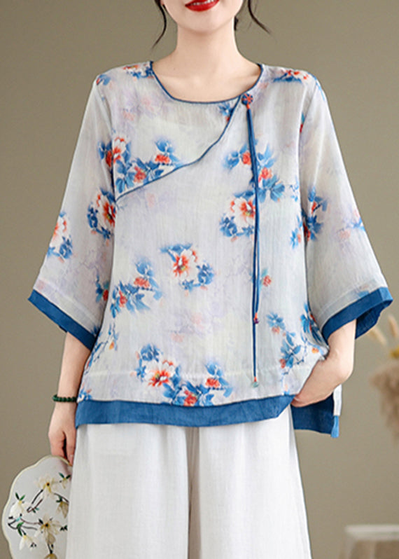 Casual Blue O-Neck Print Patchwork Shirt Long Sleeve UU043 OM-MM240820