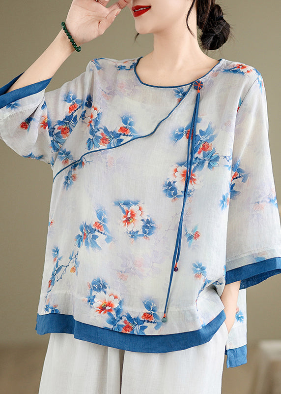 Casual Blue O-Neck Print Patchwork Shirt Long Sleeve UU043 OM-MM240820