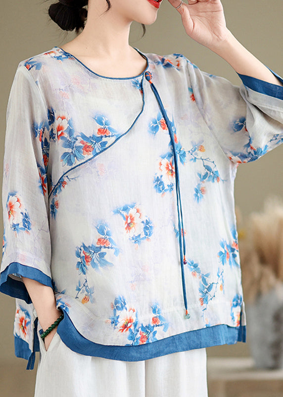 Casual Blue O-Neck Print Patchwork Shirt Long Sleeve UU043 OM-MM240820