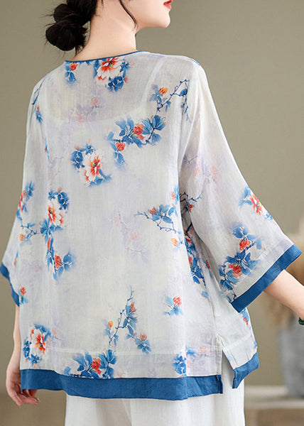 Casual Blue O-Neck Print Patchwork Shirt Long Sleeve UU043 OM-MM240820