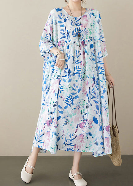 Casual Blue O Neck Print Plus Size Cotton Dress Summer AP047 GK-SDL240718