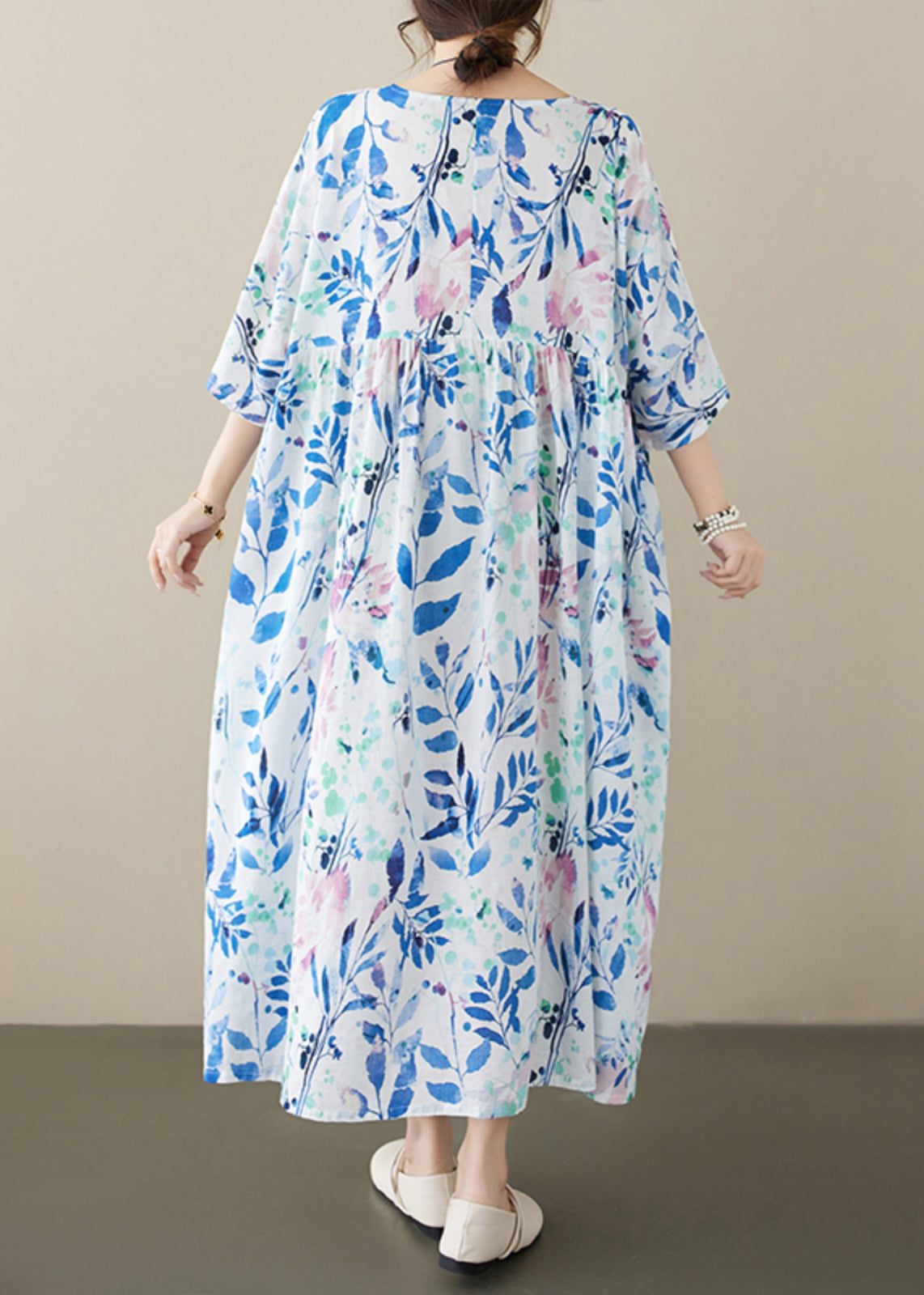 Casual Blue O Neck Print Plus Size Cotton Dress Summer AP047 GK-SDL240718