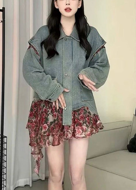 Casual Blue Peter Pan Collar Asymmetrical Print Print Denim Coat Spring RP023 ABC