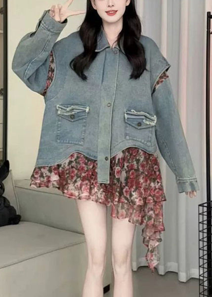 Casual Blue Peter Pan Collar Asymmetrical Print Print Denim Coat Spring RP023 ABC