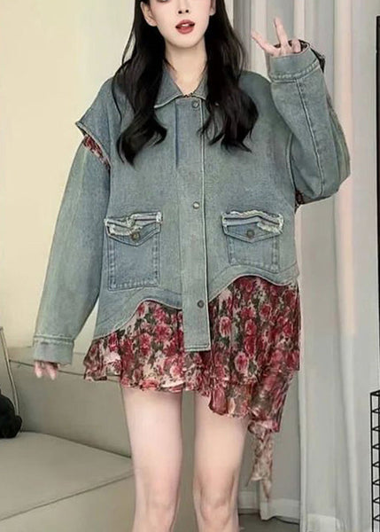 Casual Blue Peter Pan Collar Asymmetrical Print Print Denim Coat Spring RP023 ABC