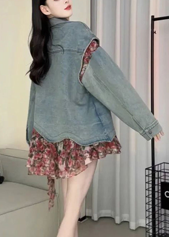 Casual Blue Peter Pan Collar Asymmetrical Print Print Denim Coat Spring RP023 ABC