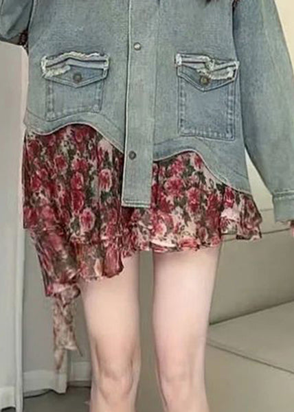 Casual Blue Peter Pan Collar Asymmetrical Print Print Denim Coat Spring RP023 ABC