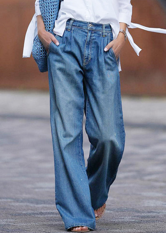 Casual Blue Pockets Denim Wide Leg Pants Spring QQ1065 Ada Fashion