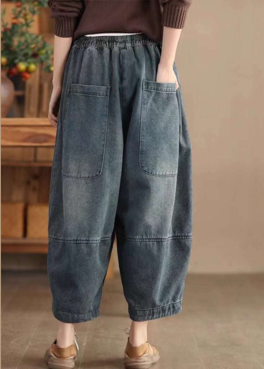 Casual Blue Pockets Elastic Waist Cotton Harem Pants Spring TN008 ABC