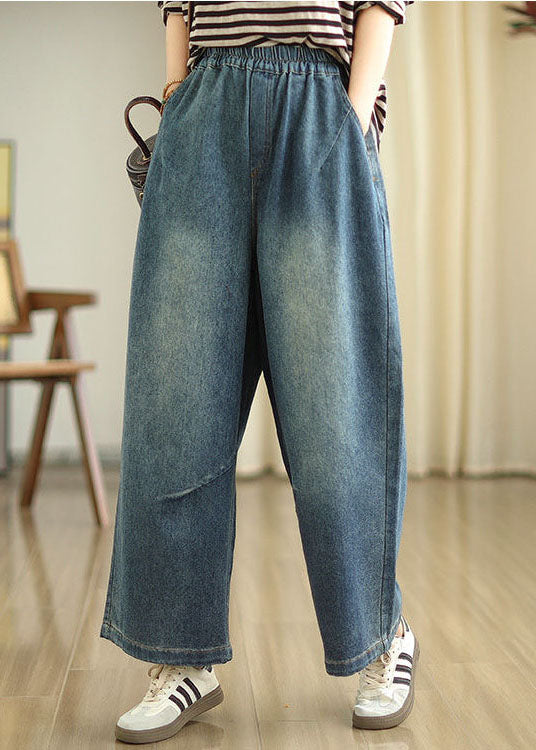 Casual Blue Pockets Elastic Waist Denim Wide Leg Pants Spring TZ036