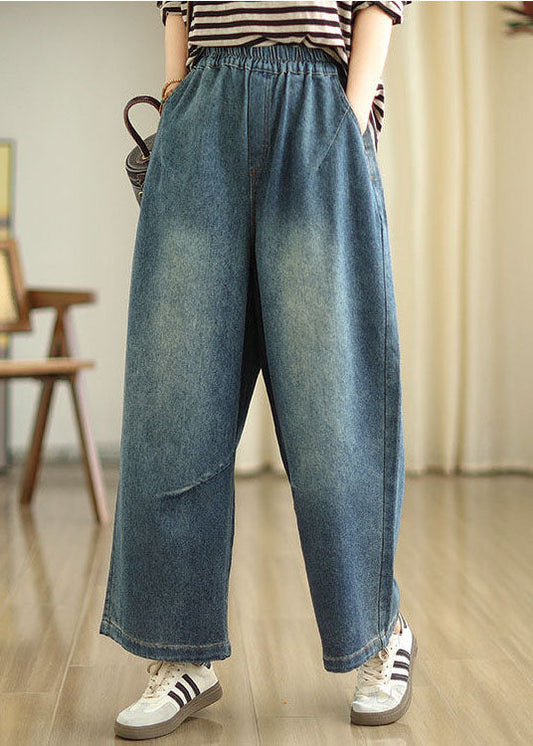 Casual Blue Pockets Elastic Waist Denim Wide Leg Pants Spring TZ036