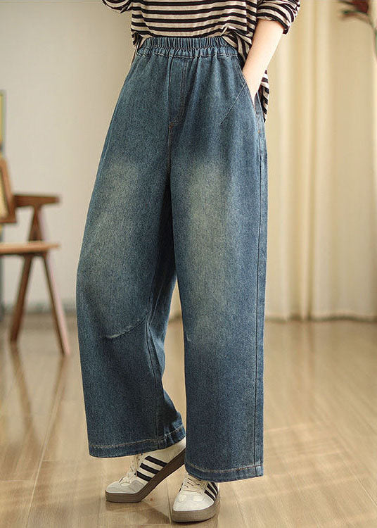 Casual Blue Pockets Elastic Waist Denim Wide Leg Pants Spring TZ036