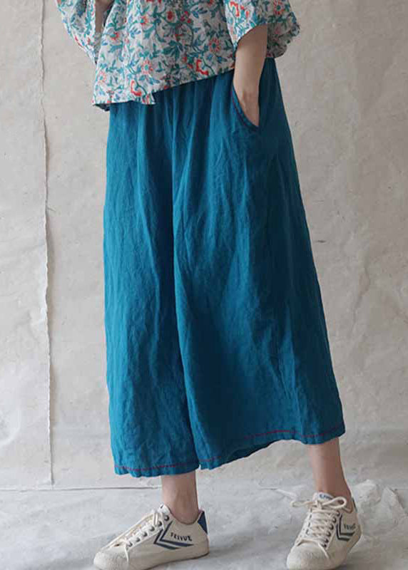 Casual Blue Pockets Solid Linen Wide Leg Pants Summer RE020 MZF-CPTS240807