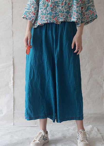 Casual Blue Pockets Solid Linen Wide Leg Pants Summer RE020 MZF-CPTS240807