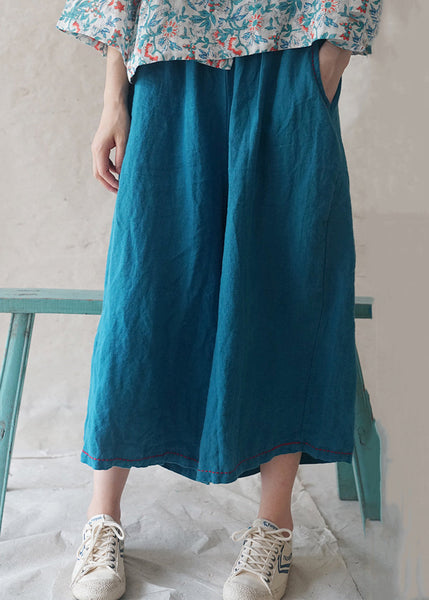 Casual Blue Pockets Solid Linen Wide Leg Pants Summer RE020 MZF-CPTS240807