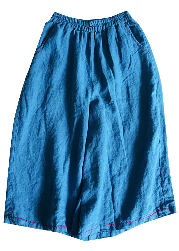 Casual Blue Pockets Solid Linen Wide Leg Pants Summer RE020 MZF-CPTS240807