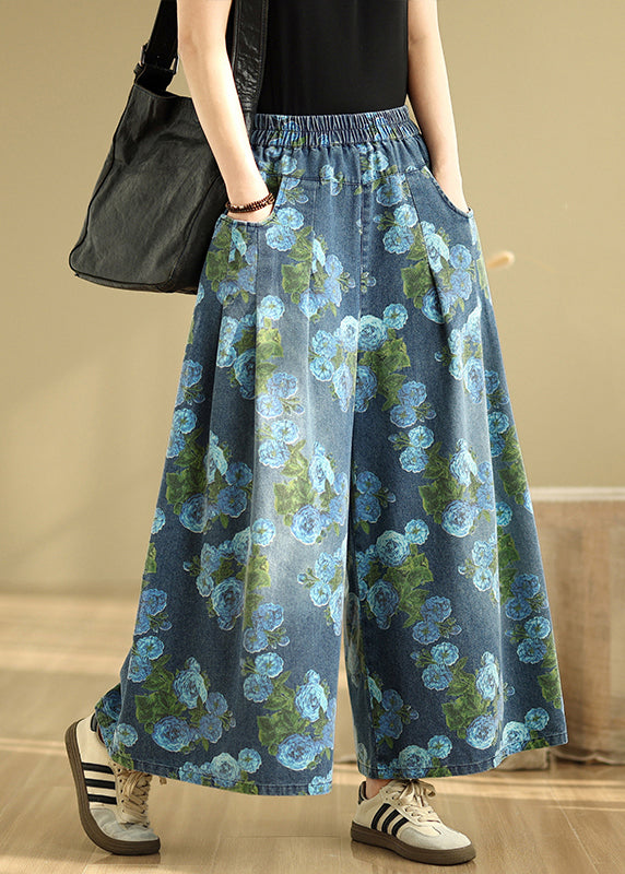 Denim Wide Print Pockets Casual Blue Pants Drop Leg FashionChic