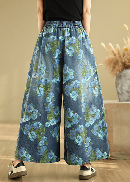 Denim Wide Print Pockets Casual Blue Pants Drop Leg FashionChic