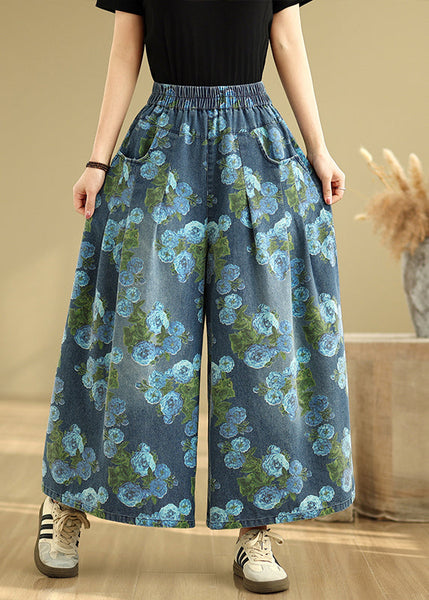 Denim Wide Print Pockets Casual Blue Pants Drop Leg FashionChic