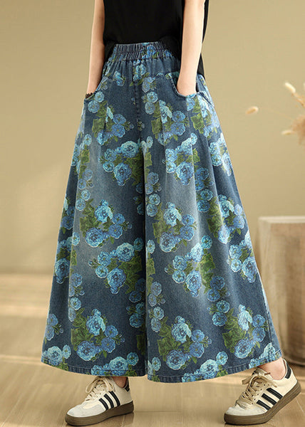 Denim Wide Print Pockets Casual Blue Pants Drop Leg FashionChic