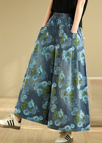 Denim Wide Print Pockets Casual Blue Pants Drop Leg FashionChic