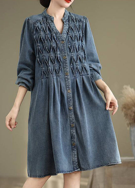Button Casual Long Blue Sleeve Lantern Collar Stand Dress FashionChic