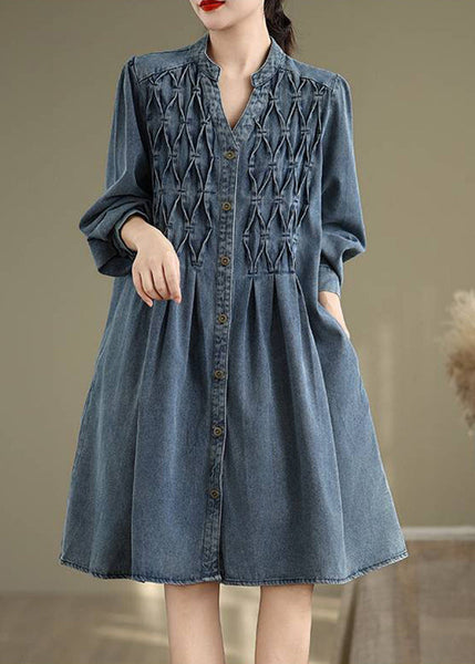 Button Casual Long Blue Sleeve Lantern Collar Stand Dress FashionChic