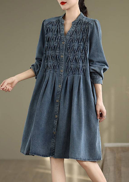 Button Casual Long Blue Sleeve Lantern Collar Stand Dress FashionChic
