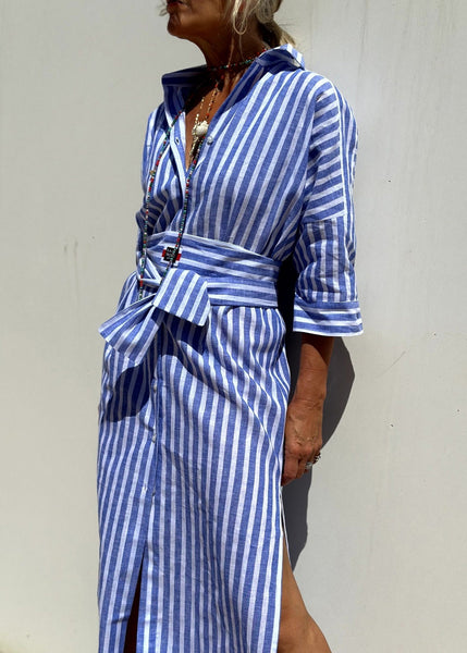 Blue Long Open Striped Side Casual Dress Patchwork Shirts FashionChic
