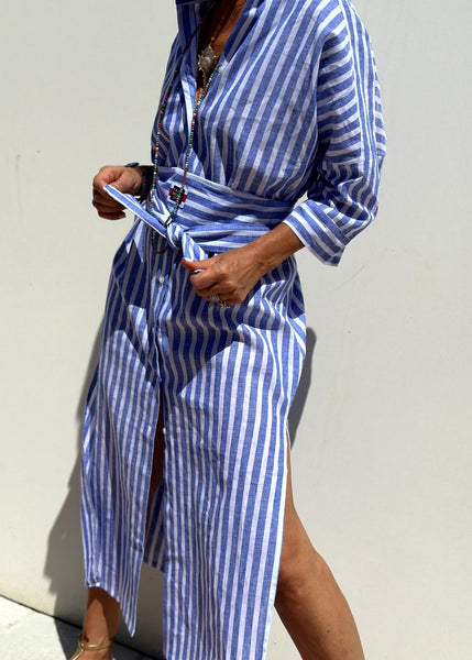 Blue Long Open Striped Side Casual Dress Patchwork Shirts FashionChic