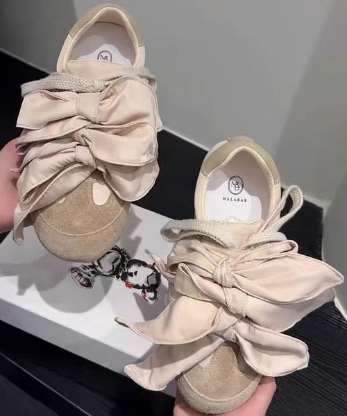Suede Splicing Women Shoes Apricot Bow Casual Flat For FashionChic
