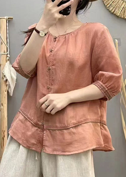 Blouse Cotton Embroidered Brick Tops Patchwork Red Casual Summer FashionChic