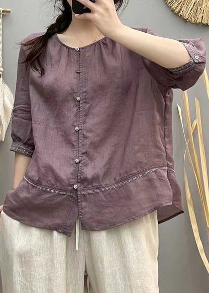Blouse Cotton Embroidered Brick Tops Patchwork Red Casual Summer FashionChic