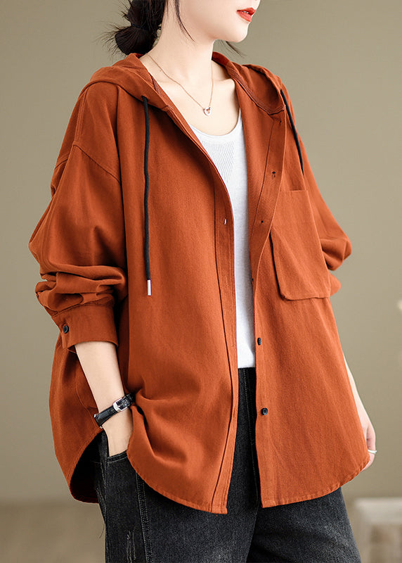 Casual Brick Red Hooded Pockets Plus Size Cotton Coat Fall OO003 OM-CS240816