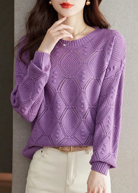 Casual Brick Red O Neck Hollow Out Knitted Tops Fall QI030 OL-NTP241005