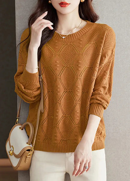 Casual Brick Red O Neck Hollow Out Knitted Tops Fall QI030 OL-NTP241005