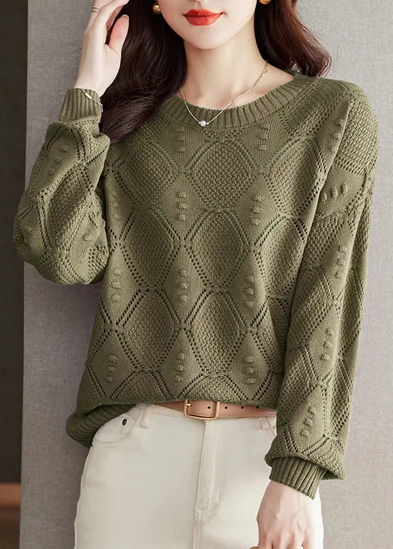 Casual Brick Red O Neck Hollow Out Knitted Tops Fall QI030 OL-NTP241005