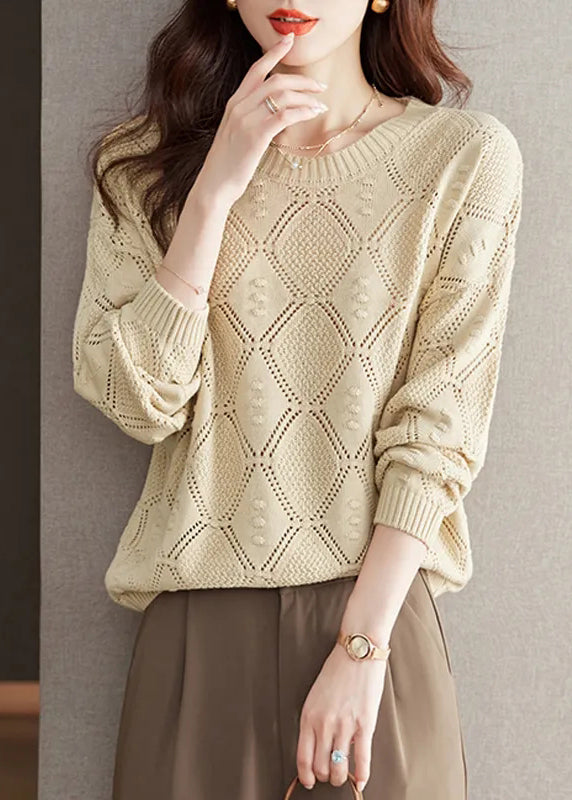 Casual Brick Red O Neck Hollow Out Knitted Tops Fall QI030 OL-NTP241005