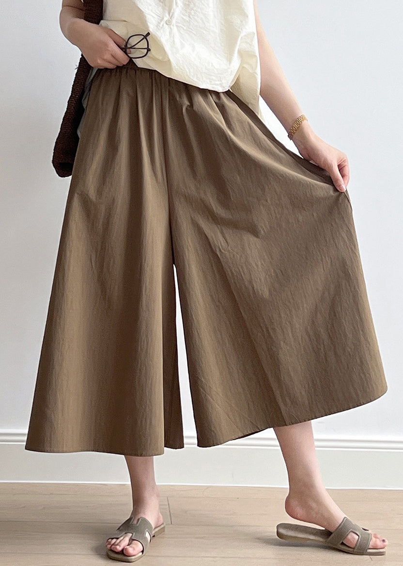 Casual Brown Pockets Elastic Waist Cotton Crop Wide Leg Pants Summer QB003 HS-CPTS241025