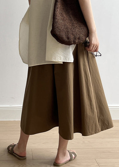 Casual Brown Pockets Elastic Waist Cotton Crop Wide Leg Pants Summer QB003 HS-CPTS241025