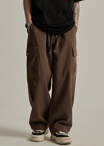 Cotton Casual Summer Waist Brown Elastic Pockets Men Pants FashionChic