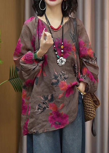 Casual Brown Print T Shirts Long Sleeve GH1011 Ada Fashion