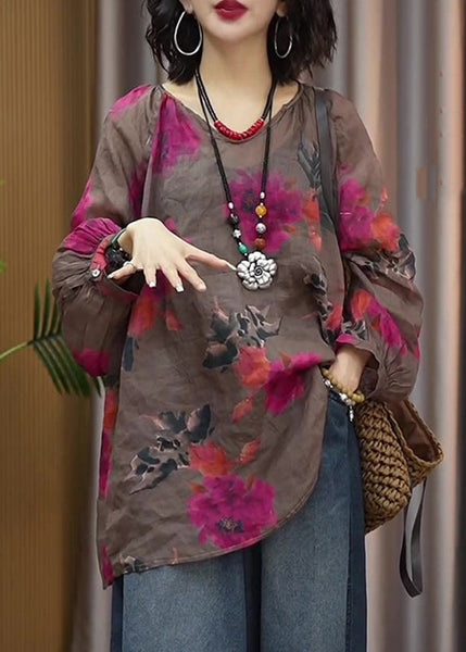 Casual Brown Print T Shirts Long Sleeve GH1011 Ada Fashion